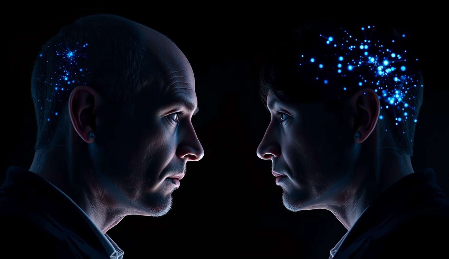 Deux personnes identiques face à face, l'une réelle, l'autre faite de particules de lumière bleue, sur fond sombre